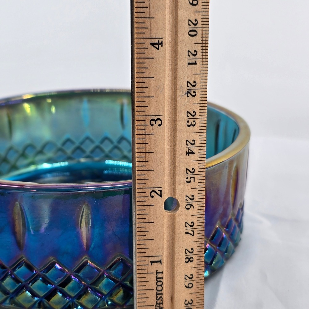 Vintage Iridescent Blue Carnival Glass Trinket Dish Lidded Candy Jar Oil Slick - Picture 5 of 9